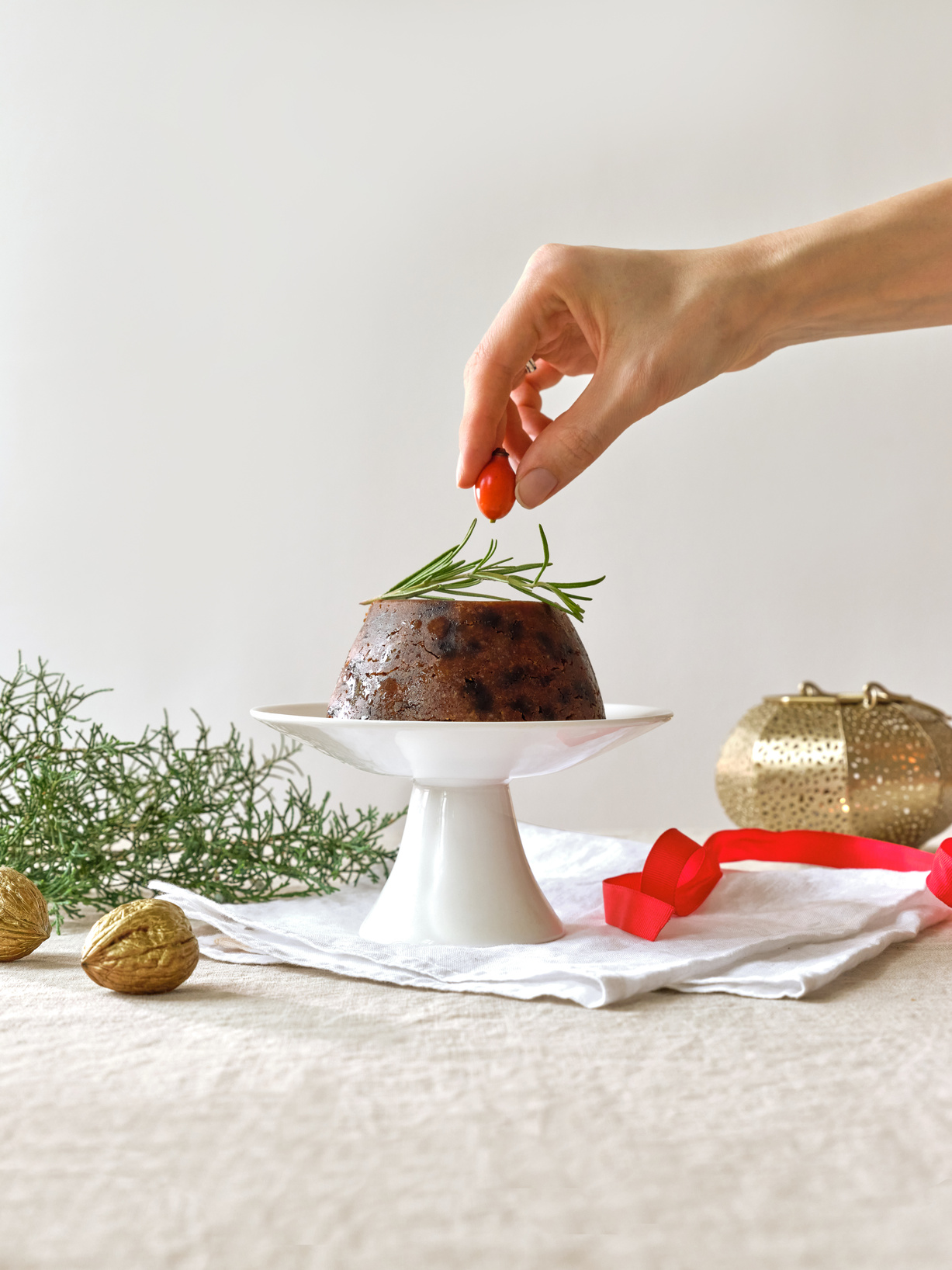 Pudding Served with Christmas Decorations
